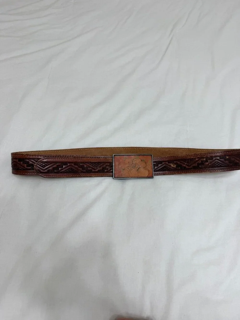 Vintage Brown Leather Floral Tooled Western Belt Buckle Plaque 36